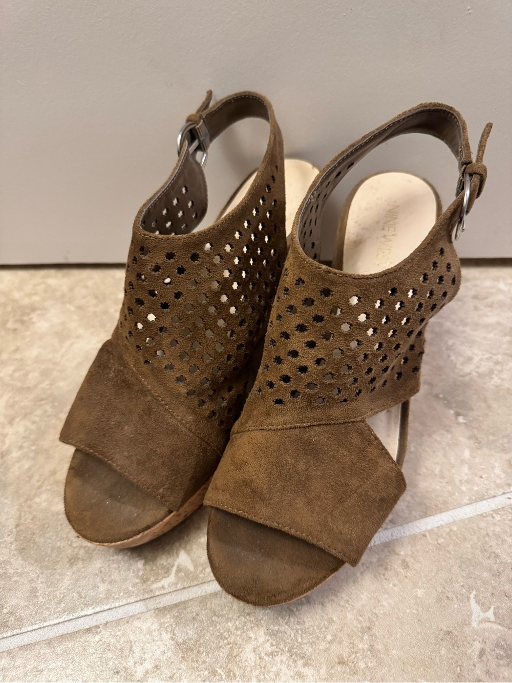 Nine West Brown Suede Perforated Laser Cut Cork Platform Wedge Sandals Size 9